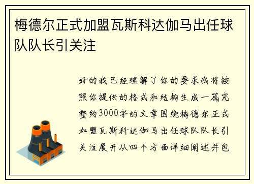 梅德尔正式加盟瓦斯科达伽马出任球队队长引关注 梅德尔正式加盟瓦斯科达伽马出任球队队长引关注